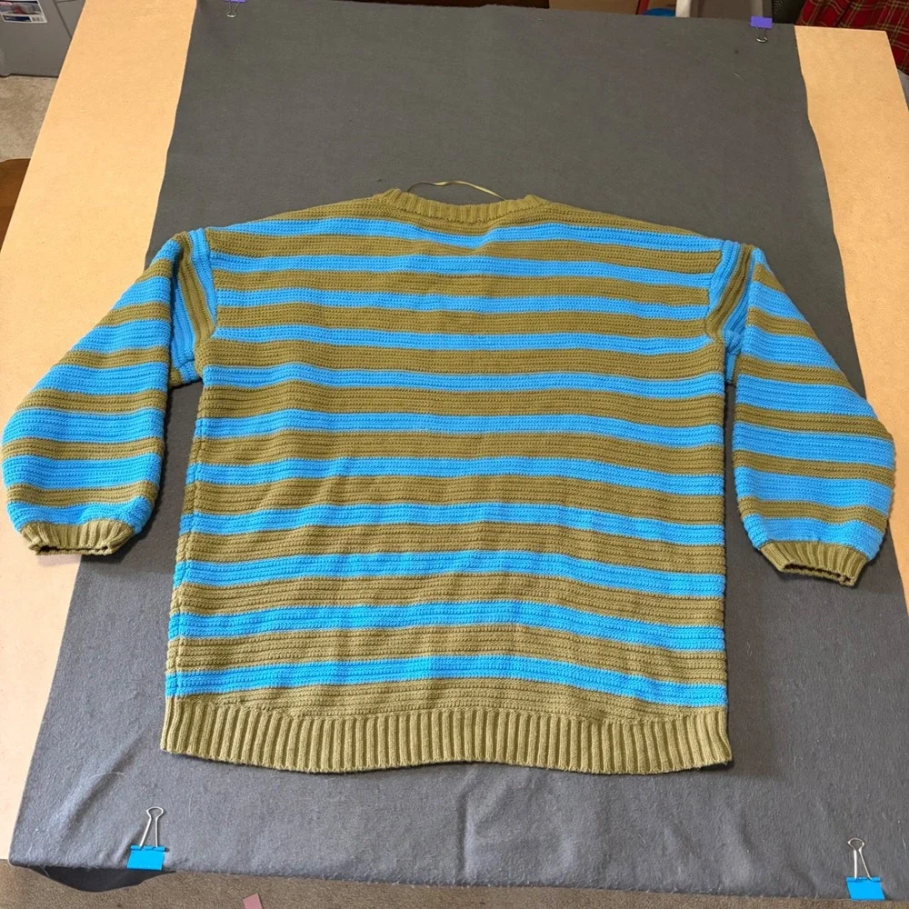 Free People Striped Knit Sweater Womens Size Medium Blue Olive Green
